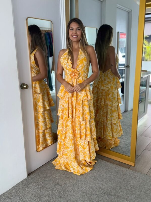 Yellow Halter Neck Tiered Maxi Dress
