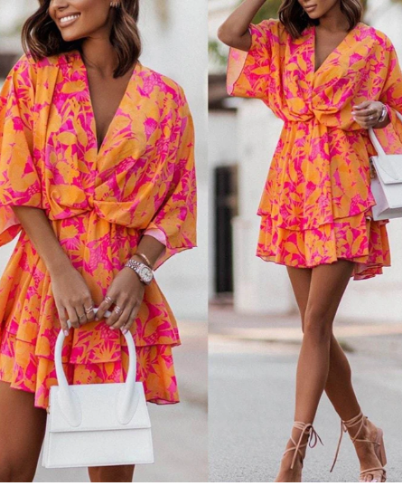Orange Summer Boho Floral Print Dress