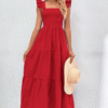 Red Shirred Bodice Ruffle Hem Dress