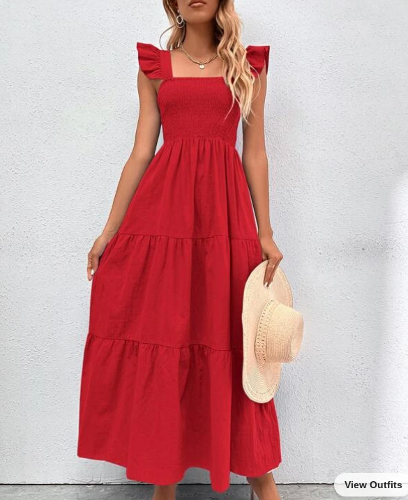 Red Shirred Bodice Ruffle Hem Dress