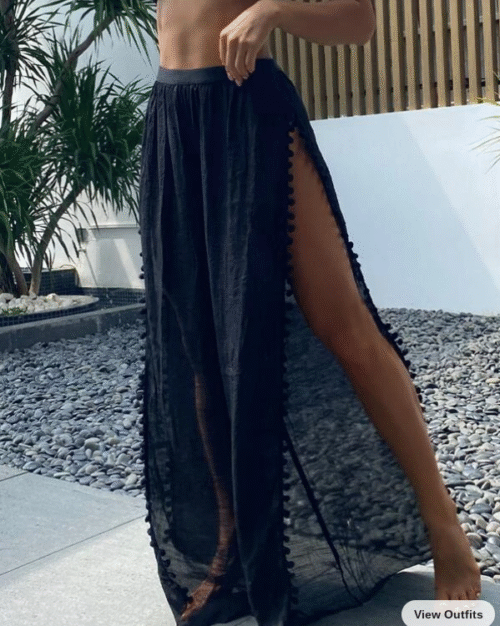 845ba5c9-7096-4357-82b7-e9ff398bc0ed.png Black Pom-pom Trim Split Side Cover Up Pants