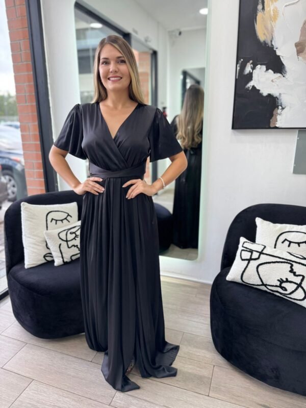 Black Solid color short sleeve satin maxi dress