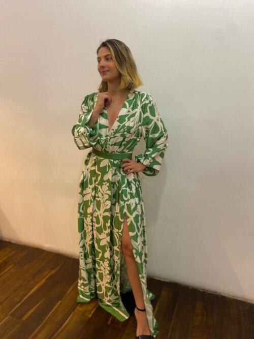 Deep V Neck Boarder Printed Maxi Dress