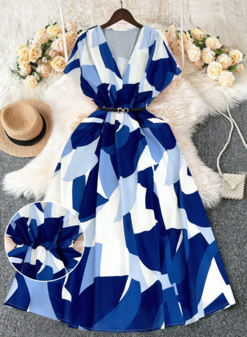 Blue Geometric Print V-Neck Casual Midi Dress
