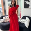 Red Solid color mid length dress with one shoulder sleeve