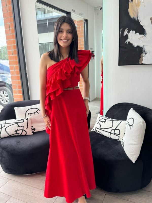 Red Solid color mid length dress with one shoulder sleeve