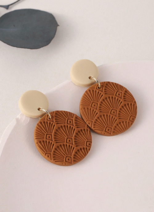 Coffee Color Circle Textured Statement Earrings