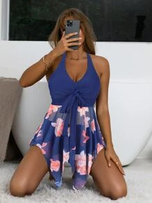9fc3ce2b-9746-45e4-b8dd-d00d7a2dd21d.webp Floral Print Asymmetrical Hem Halter Bikini Swimsuit Navy Blue Navy Blue