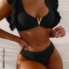 Black Ruffle Trim V Wired Bikini Swimsuit
