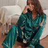 Green Floral Print Contrast Piping Satin PJ Set