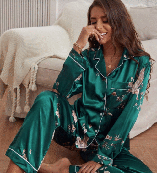 Green Floral Print Contrast Piping Satin PJ Set