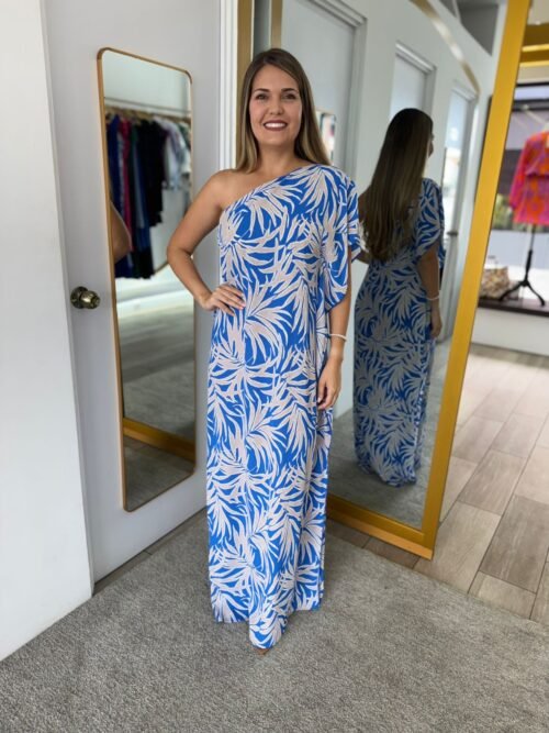 Blue Bora Bora Palm One Shoulder Maxi Dress
