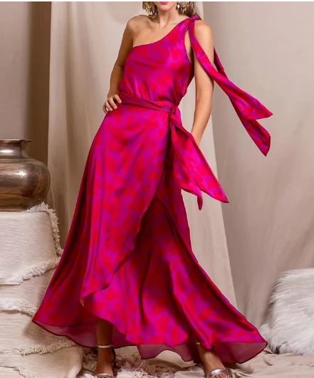 One Shoulder Printed Fucsia Dress