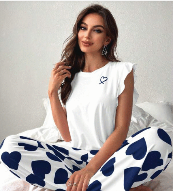 Heart Print Ruffle Trim PJ Set