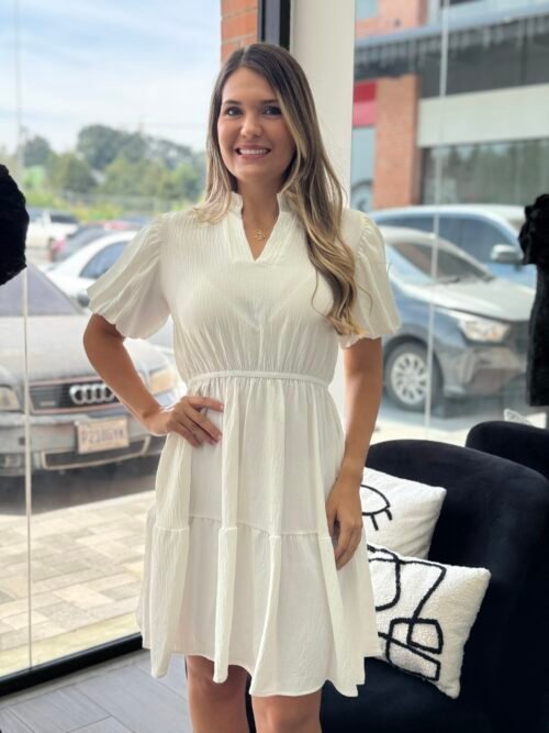 cb4038d2-9939-4cbd-bcc0-e66938e92cd1.jpeg White Solid tiered dress Ruffled neckline V neck