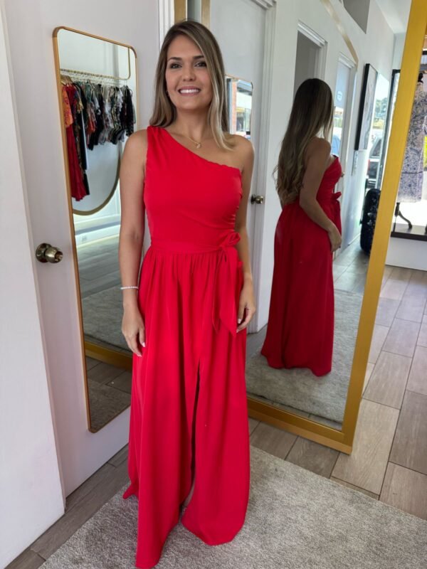 Red One Shoulder Wrap Hem Belted Dress