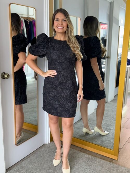 d3e04b92-09af-4248-80fe-aef9c37e4835.jpeg Black Jacquard Classic-Fit Mini Dress with Puff Sleeves