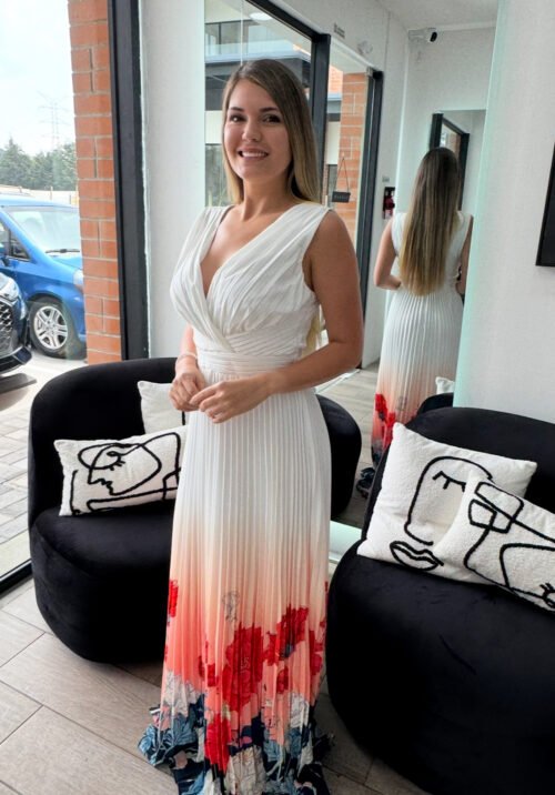Pleated maxi dress with floral print on the bottom