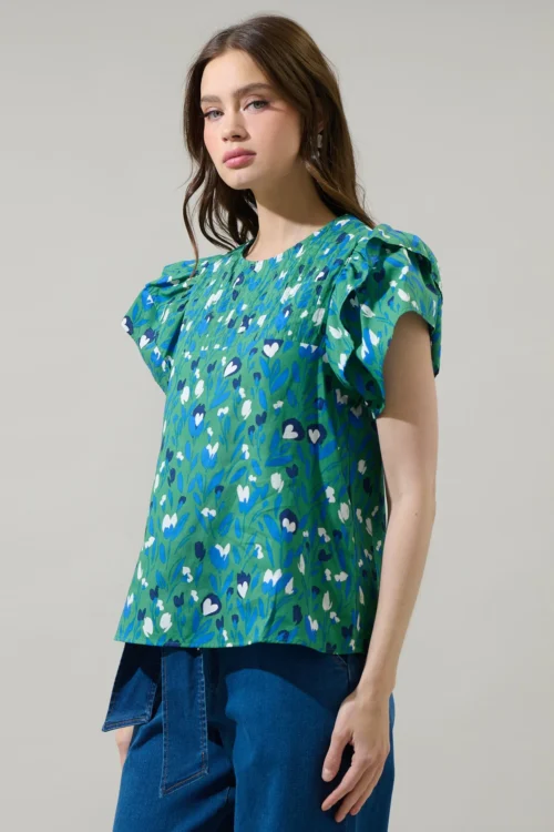 Green Laury Floral Star Ruffle Top