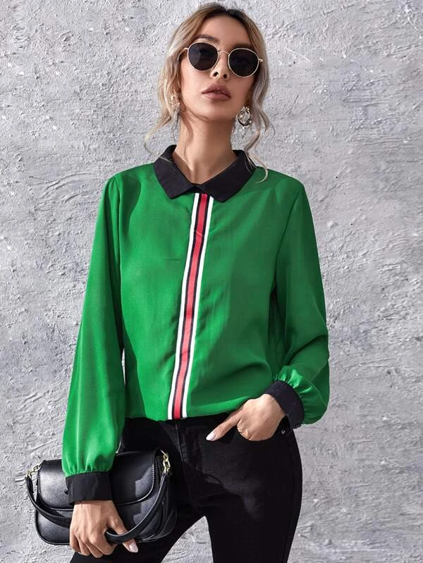 Green Contrast Collar Striped Blouse