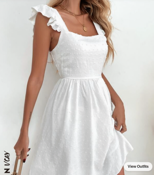 fd819c37-8935-4146-8322-4e8568d5a2e8.png White Ruffle Trim Swiss Dot Shirred Back Dress